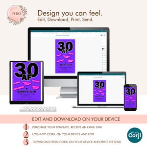 May include: A digital invitation template for a 30th birthday, displayed on various devices. The design features a purple background with the text "30 AF" and other phrases. The invitation is for Sarah's 30th birthday.