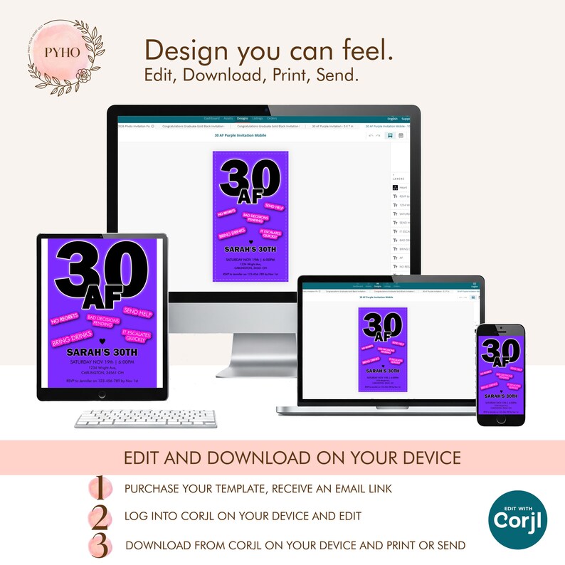 May include: A digital invitation template for a 30th birthday, displayed on various devices. The design features a purple background with the text "30 AF" and other phrases. The invitation is for Sarah's 30th birthday.