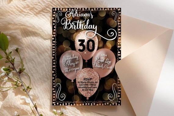 Any Age Rose Gold Birthday Balloons Invitation Printable Template, Black Glitter Editable Text Birthday Party Invitation, Printable Card