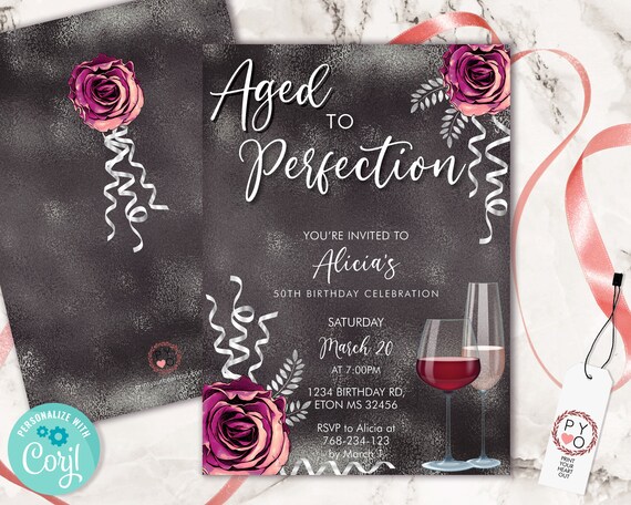 Wine Birthday Invitation Black Grey Template, Aged to Perfection Rose Editable Birthday Party Invite Women, Printable Champagne Glass Invite