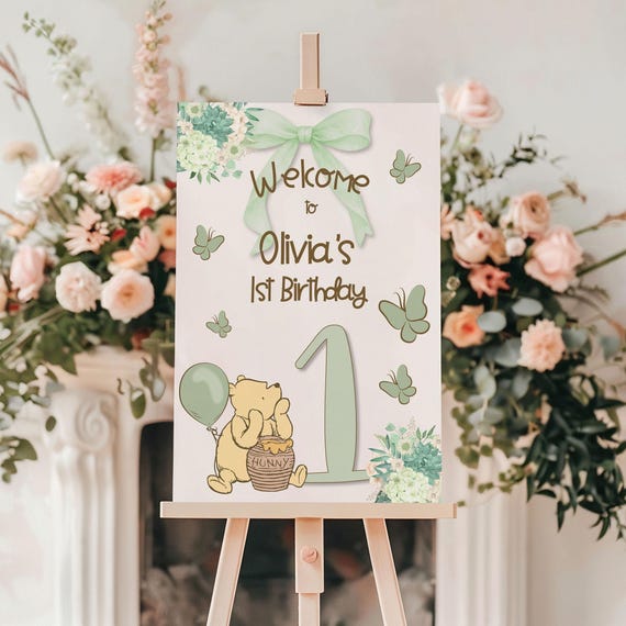 Classic Pooh Green Bow 1st Birthday Welcome Sign: Hunny Pot (Printable Template)