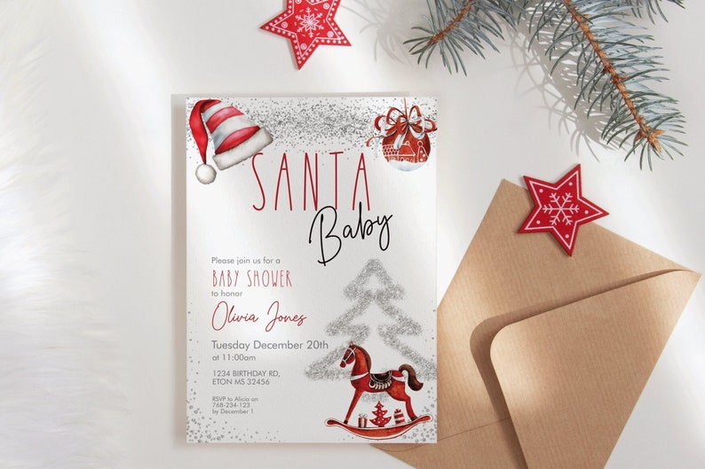 May include: A Christmas-themed baby shower invitation with the text "SANTA Baby". The invitation features a Santa hat, a rocking horse, and a Christmas tree illustration. The invitation is on a white background with silver glitter accents.