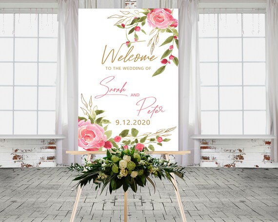 Pink Gold Floral Wedding Sign • Pastel Welcome Wedding Sign • Leaves Wedding Sign • Editable Wedding Sign • Printable Sign • Template Sign