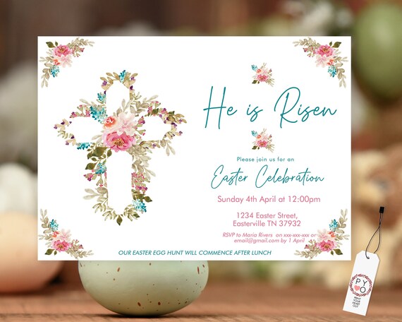 He is Risen Easter Invitation Printable Template, Christian Invitation, Pastel Bouquet Floral Invitation, Religious Invite, Floral Cross