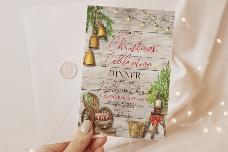 May include: A Christmas Celebration Dinner invitation with a rustic design. The invitation features watercolor illustrations of bells, a wagon, a lantern, and a Christmas tree. The text reads "Christmas Celebration Dinner" and includes event details.