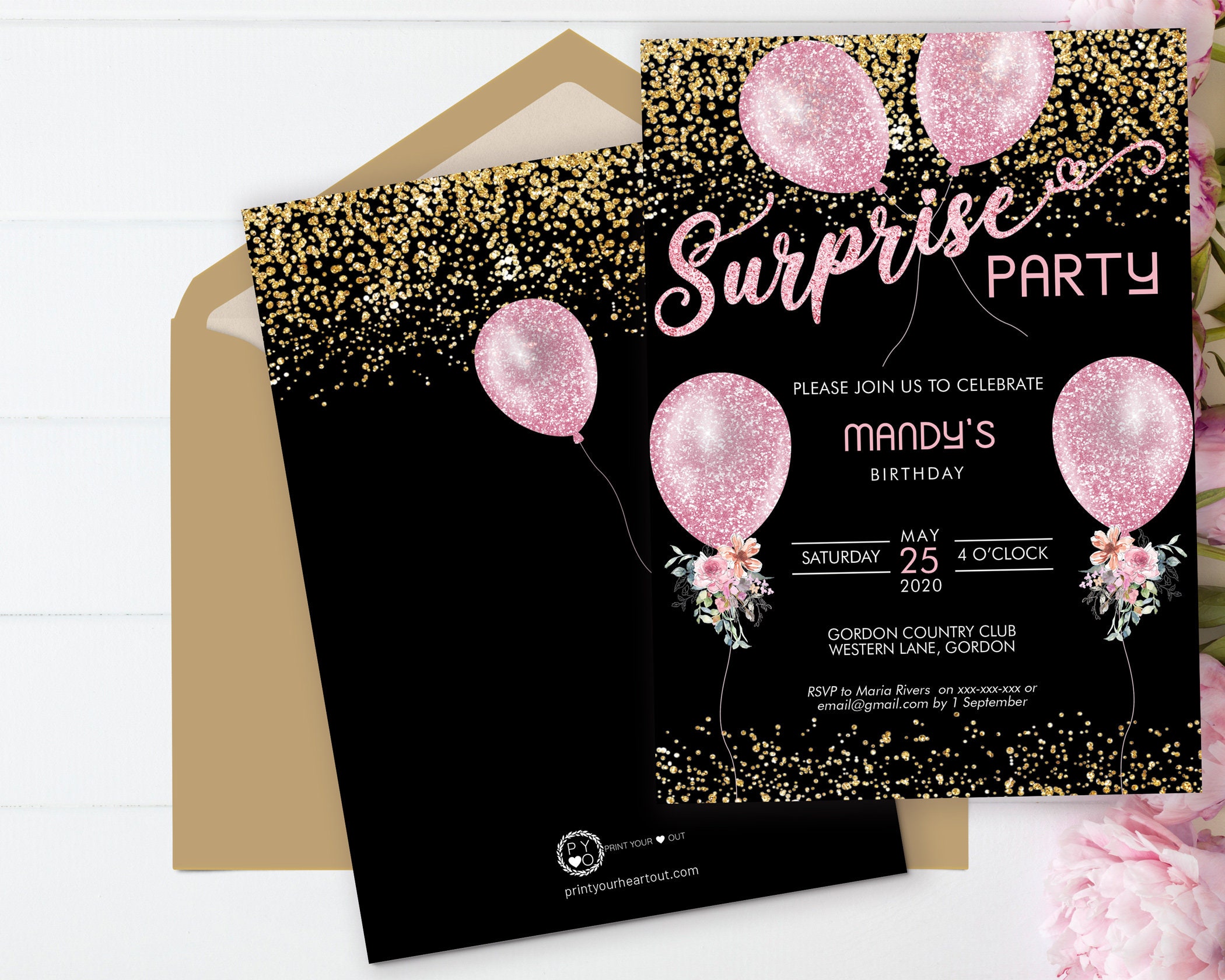 Surprise Party Birthday Pink Gold Glitter Balloons Invitation 