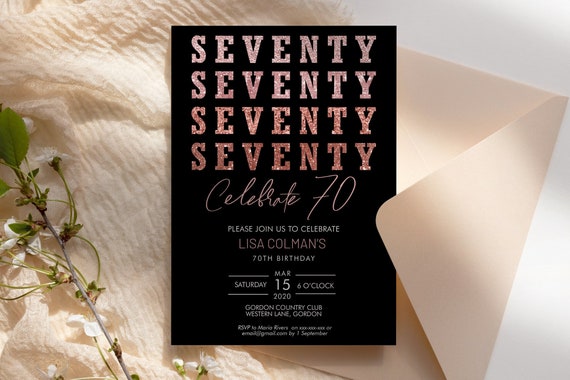 DIY 70th Birthday Glitter Invitation Printable Template, Rose Gold Glitter Seventy Editable Birthday Party Invitation, Printable Party