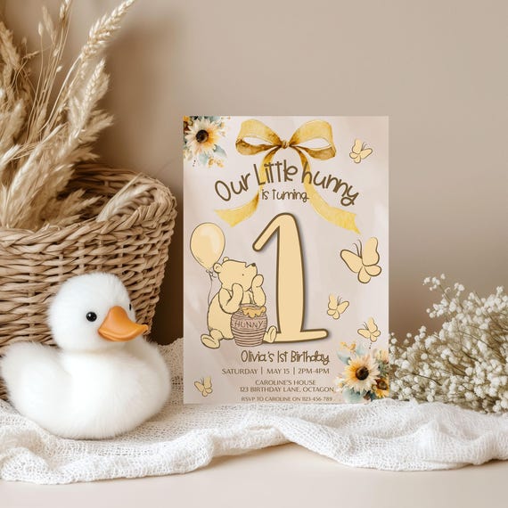 Winnie-the-pooh bow 1st Birthday Invitation: little hunny turning 1, honey pot (Printable Template)