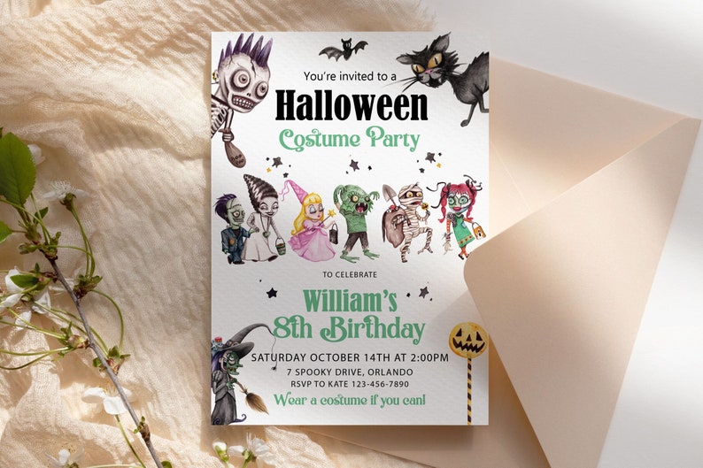 May include: A rectangular Halloween costume party invitation for William's 8th birthday. The card features illustrations of a skeleton, black cat, bat, and various costumed children. Text includes: You're invited to a Halloween Costume Party.