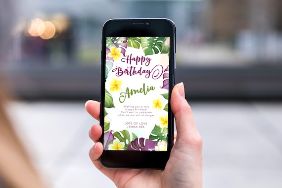 Tropical Flower Electronic Birthday, Smartphone SMS Digital Editable template, EcoFriendly, Electronic Frangipani Leaves Birthday Greeting