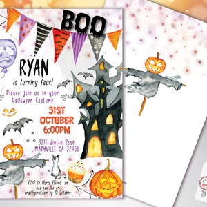 May include: Halloween-themed invitation with watercolor illustrations. The design features a haunted house, bats, pumpkins, and the text "BOO" at the top. The invitation includes details for a Halloween costume party, including the date, time, and location.