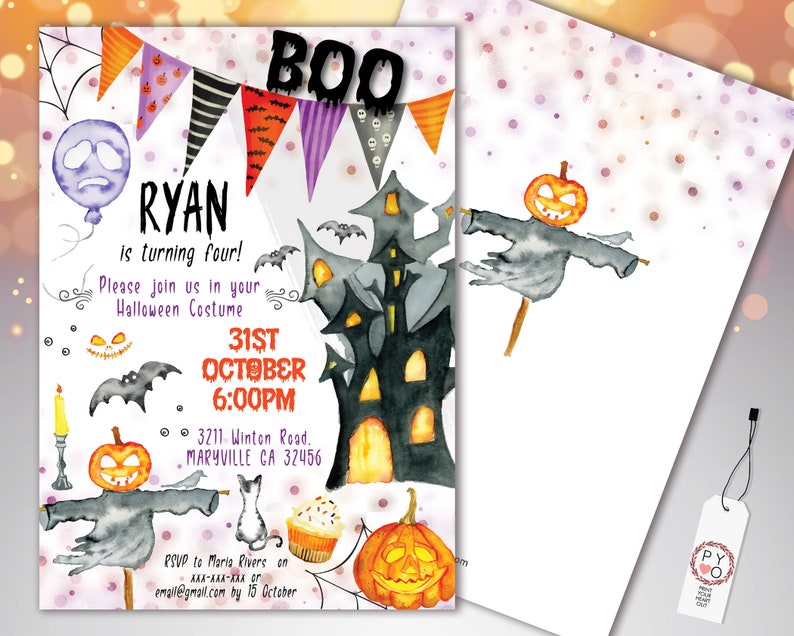 May include: Halloween-themed invitation with watercolor illustrations. The design features a haunted house, bats, pumpkins, and the text "BOO" at the top. The invitation includes details for a Halloween costume party, including the date, time, and location.