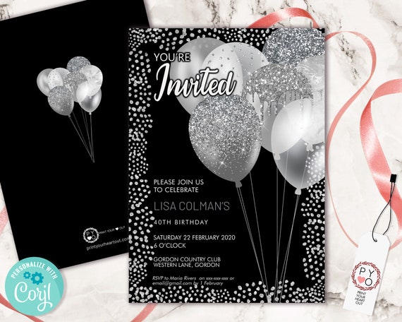 Silver Birthday Balloons Invitation Printable Template, Black Silver Glitter Editable Birthday Party Invitation for Women, Printable Card