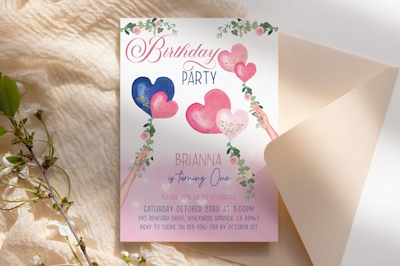 Any Age Heart Balloons Birthday Floral Invitation, 1st Birthday Party Invite, Whimsical Invite, Navy Editable Childrens Birthday Tea Party