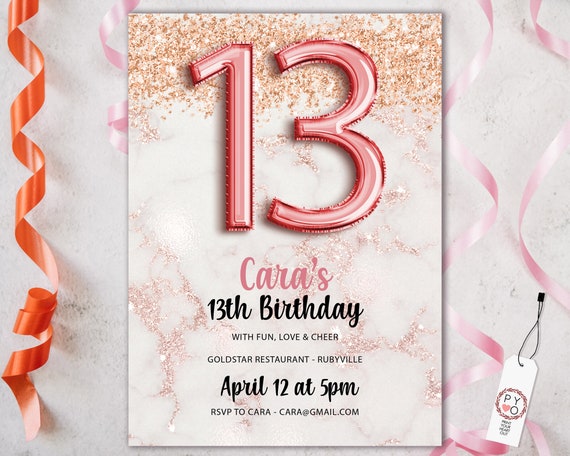 13th Birthday Marble Rosegold Balloons Invitation Printable Template, 13 Editable Invitation, Rose gold Glitter  Party Invite, Teen Party