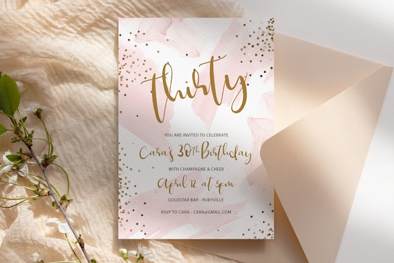 Gold Glitter Pastel Pink Birthday Invitation Printable Template, Pretty Blush Editable Party Invite Women, Any Age White Pale Pink Glitter