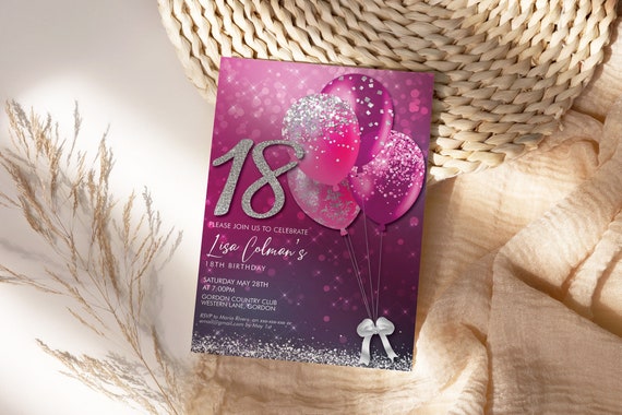 DIY Any Age Birthday Pink Balloons Silver Glitter Number Invitation Printable Template, Fuchsia Editable Drinks Party Invite, Holo Glitter