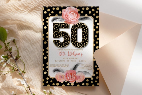 DIY 50th Birthday Spots Feather Invitation Printable Template, Black Gold Floral Print Editable Birthday Party Invitation, Printable 50