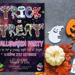 May include: Halloween party invitation with the words "Trick or Treat" in colorful, spooky lettering. The invitation includes the time, date, and location of the party, along with decorative elements like bats, ghosts, and pumpkins.