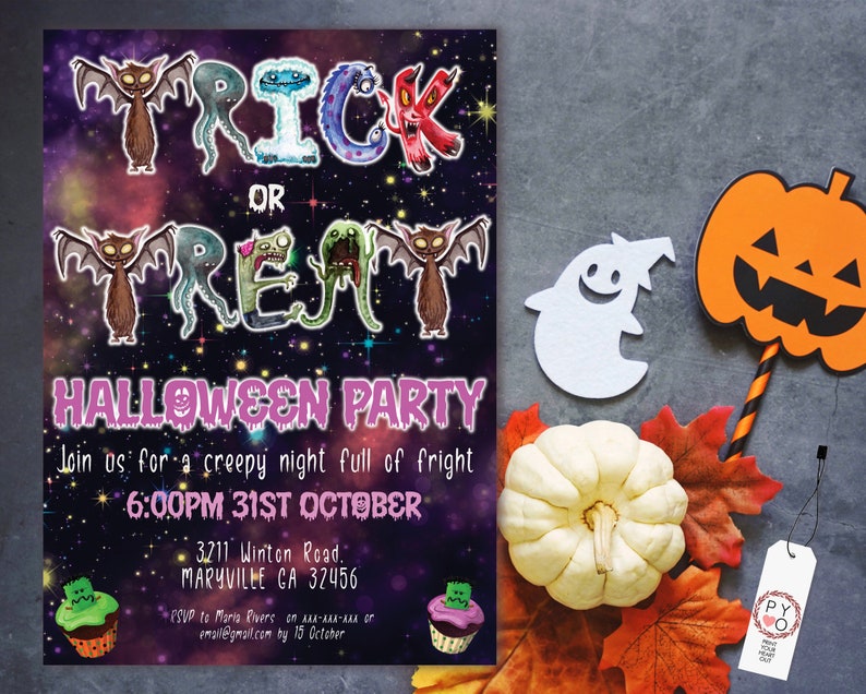 May include: Halloween party invitation with the words "Trick or Treat" in colorful, spooky lettering. The invitation includes the time, date, and location of the party, along with decorative elements like bats, ghosts, and pumpkins.