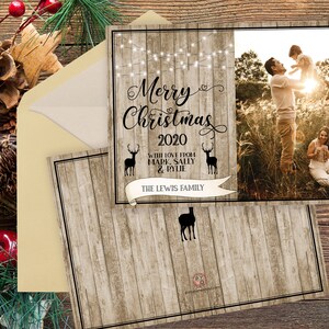 May include: Christmas card with a family photo and wooden background. The card reads "Merry Christmas 2020" with the family name. The photo shows a family of three in a field. The card is in an envelope.