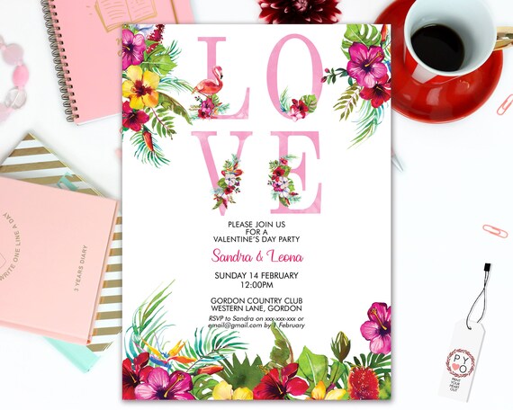 Love Tropical Valentine's Day Party Invitation, Hibiscus, Sweetheart Invitation, Summer Valentines Invite, Valentine Flyer, Friend Party