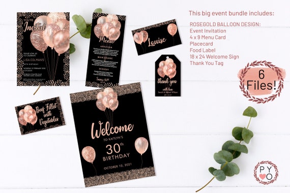 Rose Gold Birthday Balloons Bundle Invitation Printable Template, Black Gold Glitter Editable Party Sign for Women, Menu, Placecard, Tag