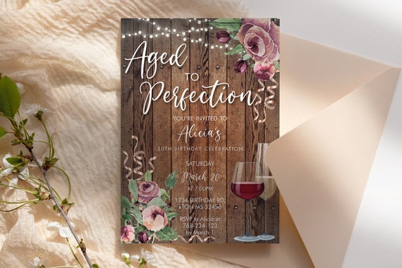 Wine Birthday Invitation Rosegold Wood Template, Aged to Perfection Rose Editable Birthday Party Invite Women, Printable Champagne Glass