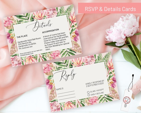 Pink Protea Wedding Reply Details, Tropical Theme RSVP, Rehearsal Reply, Watercolor Hawaii Cards, Printable, Editable Details Template