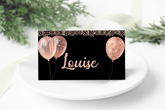 Black Rosegold Balloons Placecard Template, DIY Editable Cards, Printable Table Setting, Birthday Dinner Card Download, Glitter Placecard