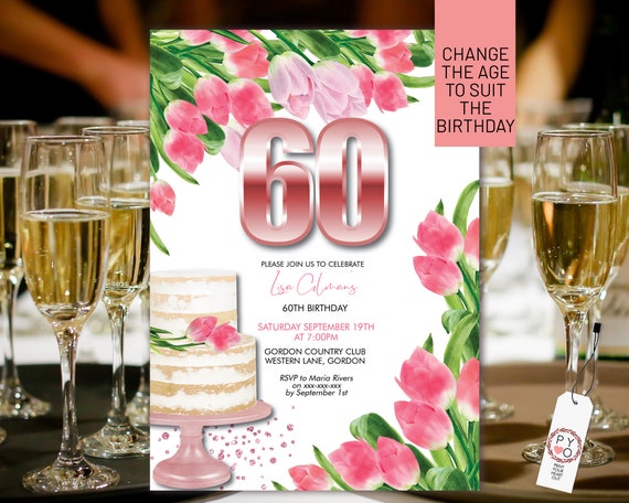 Any Age Number Tulips Pink Lilac Floral Cake Invitation Printable Template, RoseGold Editable Birthday Party Invite Women, Printable Card