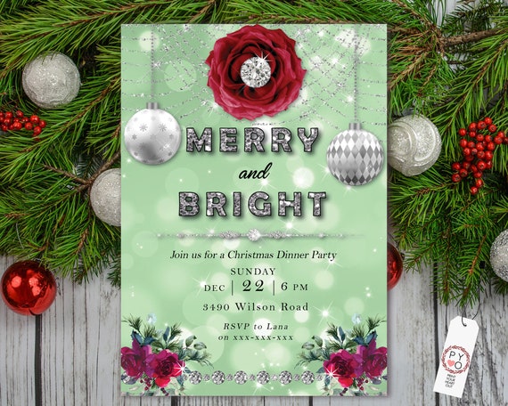 Christmas Roses Green Diamonds Party Invitation, Glitter Invitation, Sparkling Invite, Friends Family Xmas Party at Home, Shimmering Bokeh