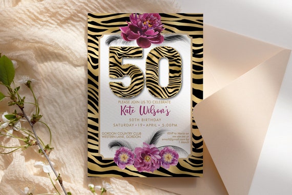 DIY 50th Birthday Tiger Feather Invitation Printable Template, Black Gold Animal Print Editable Birthday Party Invitation, Printable 50