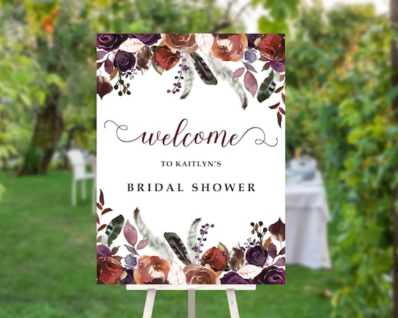 Fall Floral Bridal Shower Welcome Sign, Autumn Flowers Personalized Bridal Shower Sign, Welcome Sign for Bridal Shower, Burgundy Flowers