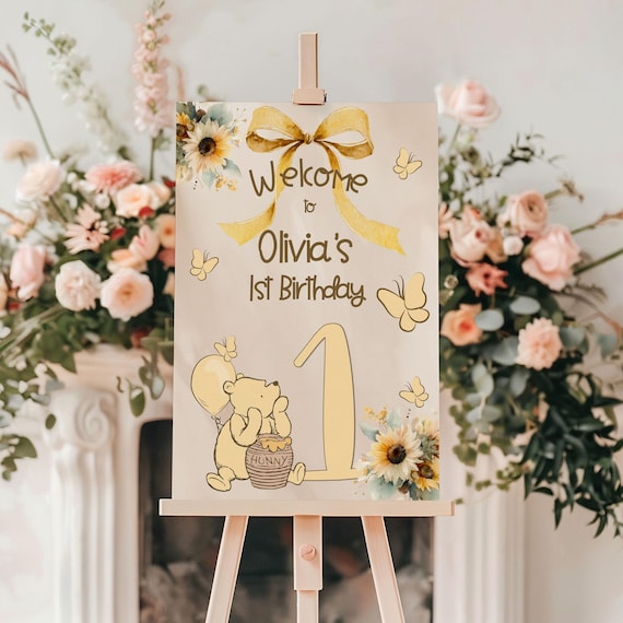 Winnie-the-pooh bow 1st Birthday Welcome Sign: little hunny turning 1, honey pot (Printable Template)