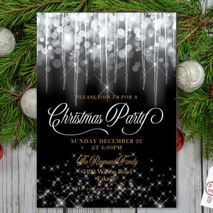 May include: A Christmas party invitation with a black background and white text. The invitation features a design of falling icicles and sparkling lights. The text reads "Please join us for a Christmas Party" with the date, time, and location.