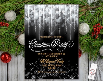 May include: A Christmas party invitation with a black background and white text. The invitation features a design of falling icicles and sparkling lights. The text reads "Please join us for a Christmas Party" with the date, time, and location.