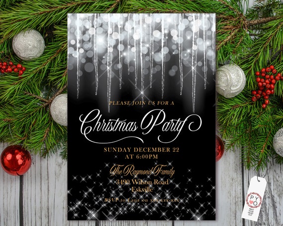 Christmas White Icicles Party Invitation, White Glitter Invitation, Sparkling Invite, Friends Family Xmas Party at Home, Shimmering Bokeh