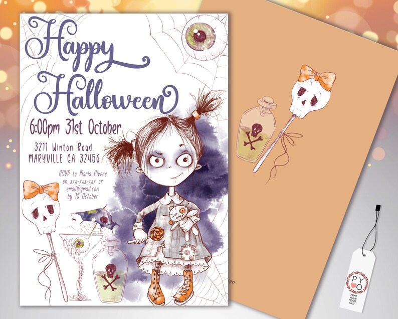May include: Halloween-themed invitation featuring a watercolor illustration of a spooky girl with pigtails, holding a doll and a lollipop. The invitation includes the text "Happy Halloween", event details, and RSVP information. A matching card with a skull design is also shown.