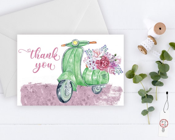 Scooter Bike Floral Thank You Card, Botanical Thank You, Printable Thank Yous Card, Shower Thank You, Thanks Wedding, Vespa Thanks Card