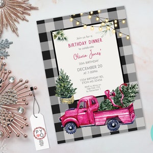 Red Truck Christmas Birthday Invitation, Buffalo Check, Rustic Party (Digital Download) image 4