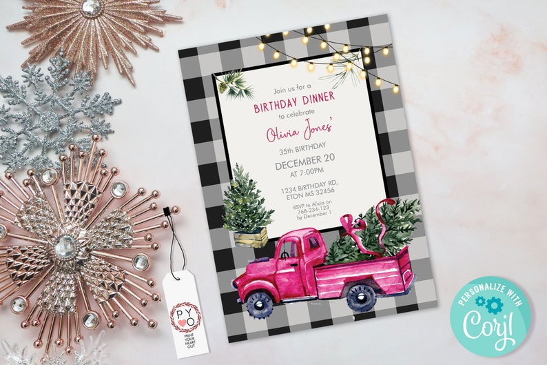 Red Truck Christmas Birthday Invitation, Buffalo Check, Rustic Party (Digital Download) image 4