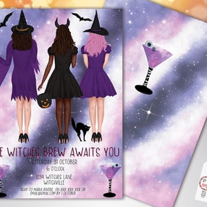May include: A Halloween-themed invitation featuring three illustrated witches in purple and black dresses, with bats and a black cat. The text reads "The Witches Brew Awaits You" with event details. A purple cocktail with eyeballs is also shown.