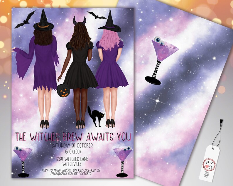May include: A Halloween-themed invitation featuring three illustrated witches in purple and black dresses, with bats and a black cat. The text reads "The Witches Brew Awaits You" with event details. A purple cocktail with eyeballs is also shown.