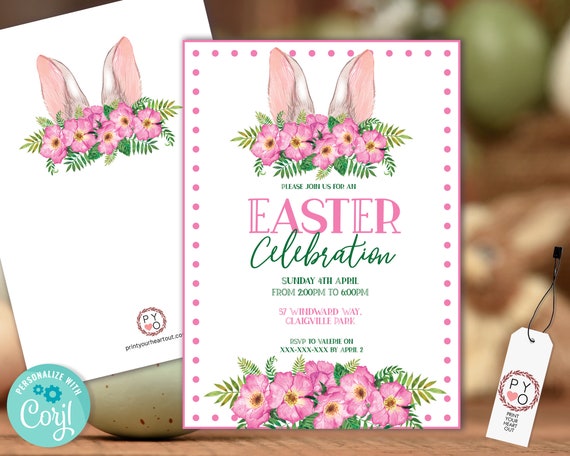 Pink Floral Easter Bunny Ears Invitation Printable Template, Blush Rabbit Invitation for Morning Tea, Pastel Bouquet Floral Invitation