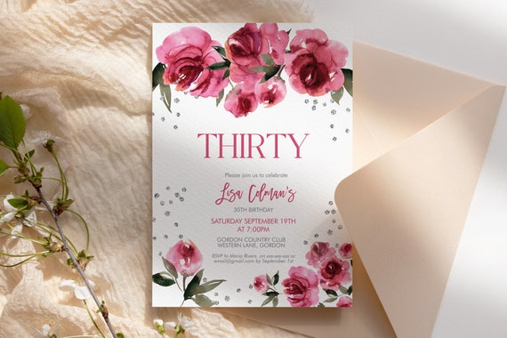 Pink Roses Diamonds Flowers Invitation Printable Template, Watercolor Editable Birthday Party Invitation Women, Bright Pink Floral Invite