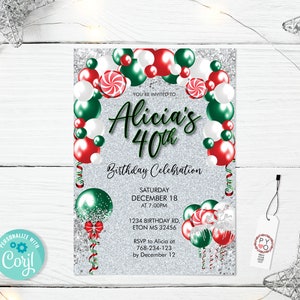 May include: A festive invitation for Alicia's 40th birthday celebration. The design features a silver glitter background with red, green, and white balloons and candy accents. The invitation includes the date, time, and location.