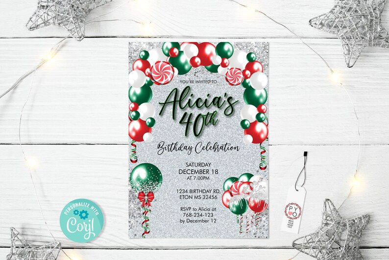 May include: A festive invitation for Alicia's 40th birthday celebration. The design features a silver glitter background with red, green, and white balloons and candy accents. The invitation includes the date, time, and location.