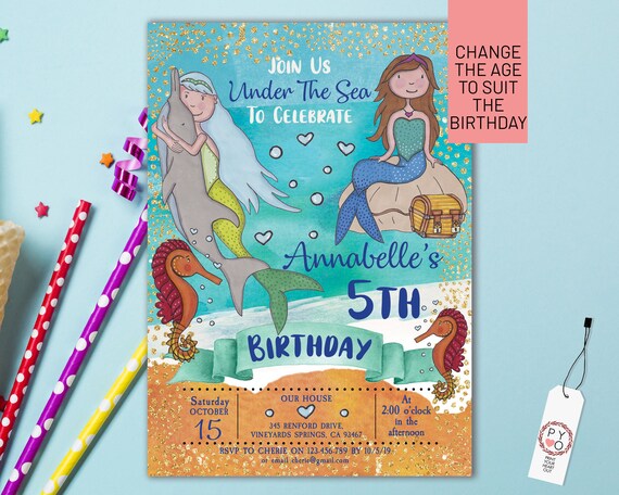 Mermaid Under Sea Birthday Invitation Printable Template, Editable Invitation, Any Age Birthday, Blue Mermaid Sea Party, Girls Age Birthday