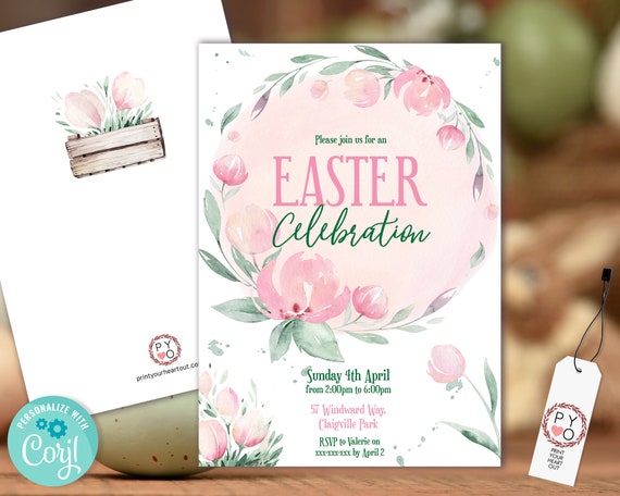 Pink Floral Easter Wreath Lunch Invitation Printable Template, Blush Flowers Invitation for Morning Tea, Pastel Bouquet Floral Invitation